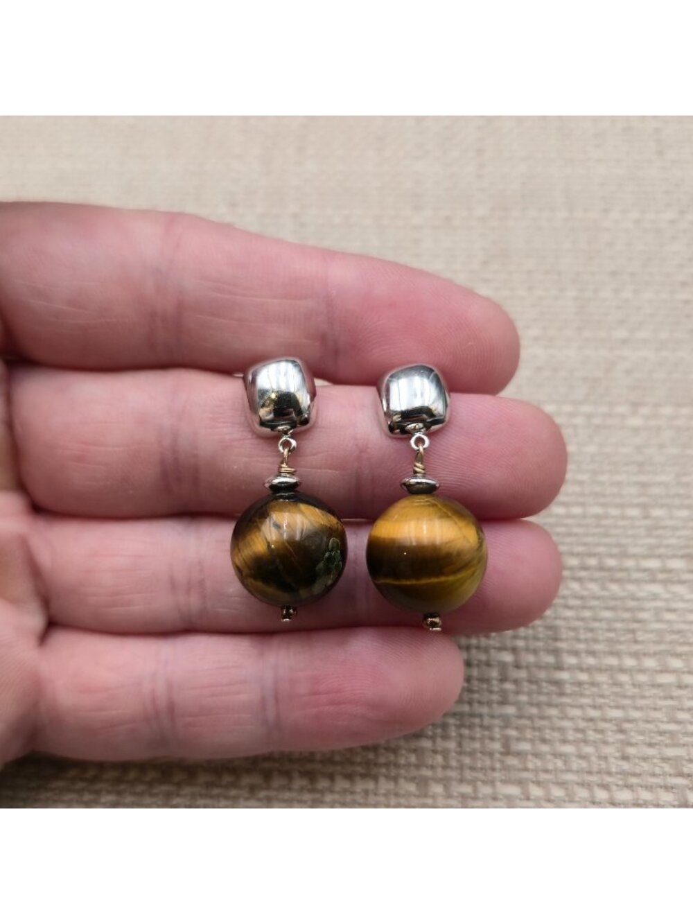 Sterling Silver Tiger's Eye Round Bead Post Dangle Drop Earrings A8553